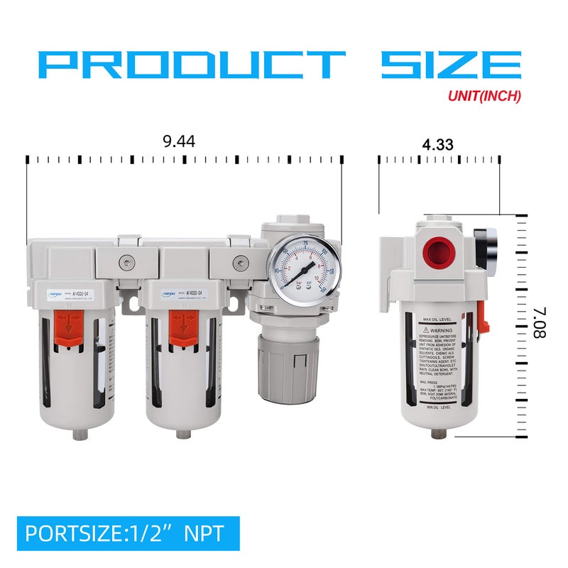 NANPU DFR-04 1/2" NPT Air Drying System - Double Air Filters, Air Pressure Regulator Combo - Semi-Auto Drain, Poly Bowl - Image 4